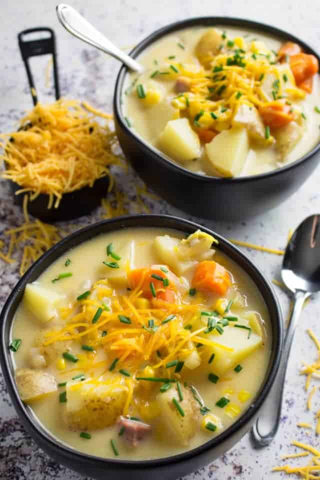 Crockpot Corn Chowder With Ham & Potatoes • Dishing Delish