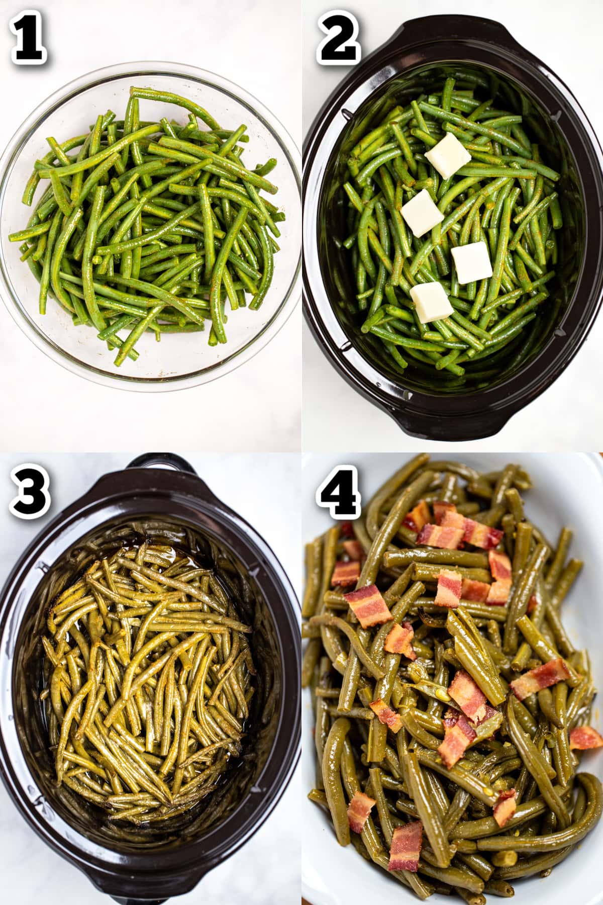 Step by step photos for how to make crockpot green beans.