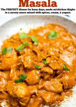 Pinterest pin with a bowl of slow cooker chicken tikka masala over rice, topped with fresh cilantro pieces.