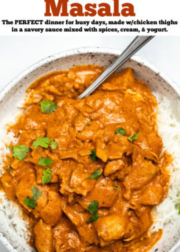 Pinterest pin with a bowl of slow cooker chicken tikka masala over rice, topped with fresh cilantro pieces and a spoon in the bowl.