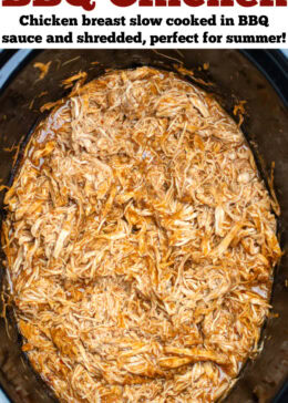 Pinterest pin with a slow cooker with saucy shredded BBQ chicken ready to be served.