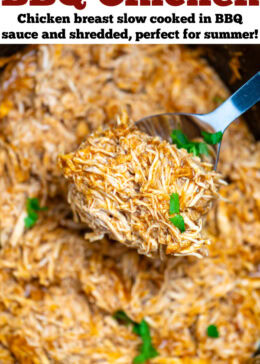 Pinterest pin with a slow cooker with saucy shredded BBQ chicken and a spoon lifting up the chicken.