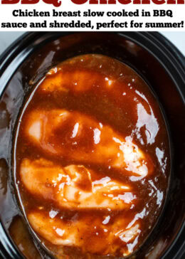 Pinterest pin with a slow cooker with chicken breasts side by side topped with BBQ chicken.
