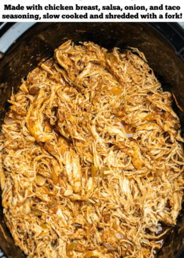 Pinterest pin with a slow cooker full of shredded chicken taco meat in taco sauce.