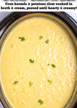 Pinterest pin with pureed corn chowder in a slow cooker topped with fresh parsley.