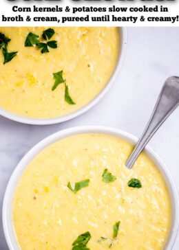 Pinterest pin with two bowls on a table full of corn chowder topped with fresh parsley, with a spoon in the front bowl.