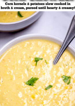 Pinterest pin with two bowls on a table full of corn chowder topped with fresh parsley, with a spoon in the front bowl.