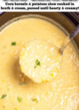 Pinterest pin with a slow cooker full of corn chowder topped with fresh chopped parsley, and a ladle scooping up some chowder.