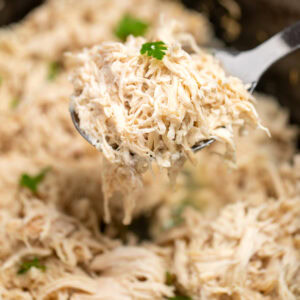 A slow cooker full of shredded chicken topped with pieces of fresh parsley, with a spoon lifting some up.