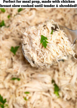 Pinterest pin with a slow cooker full of shredded chicken topped with pieces of fresh parsley, with a spoon lifting some up.