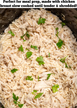 Pinterest pin with a slow cooker full of shredded chicken topped with pieces of fresh parsley.