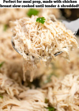 Pinterest pin with a slow cooker full of shredded chicken topped with pieces of fresh parsley, with a spoon lifting some up.