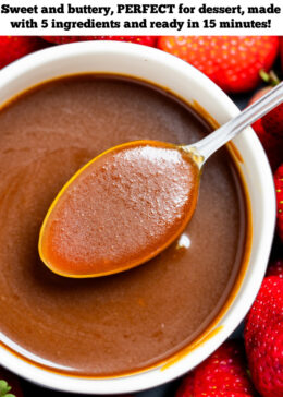 Pinterest pin with a spoon full of caramel sauce resting across a bowl of caramel sauce, with strawberries on a plate surrounding the bowl.