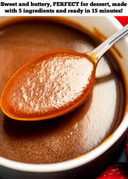 Pinterest pin with a spoon full of caramel sauce resting across a bowl of caramel sauce, with strawberries on a plate surrounding the bowl.