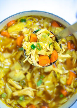 A dutch oven full of cabbage chicken soup topped with green onions, and a ladle scooping up the soup.