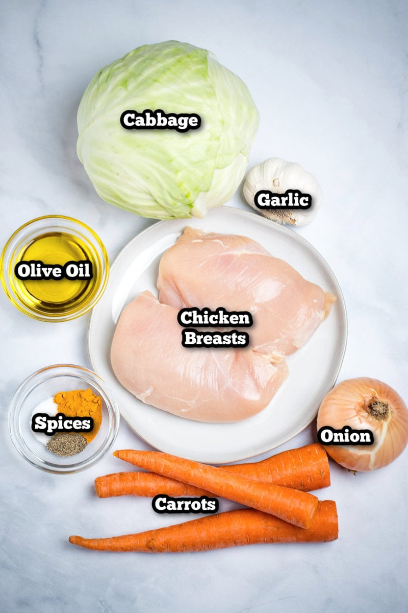 Individual ingredients for cabbage chicken soup on a table.