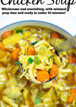 Pinterest pin with a dutch oven full of cabbage chicken soup topped with green onions, and a ladle scooping up the soup.