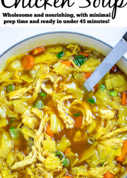 Pinterest pin with a dutch oven full of cabbage chicken soup topped with green onions, and a ladle in the soup.