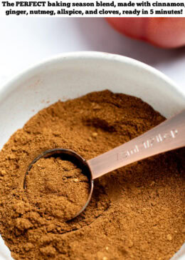 Pinterest pin with a tablespoon lifting pumpkin pie spice from a small bowl.