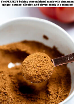 Pinterest pin with a tablespoon lifting pumpkin pie spice from a small bowl.