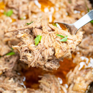 A slow cooker full of shredded pork shoulder in broth and drippings, with a spoon lifting some up.