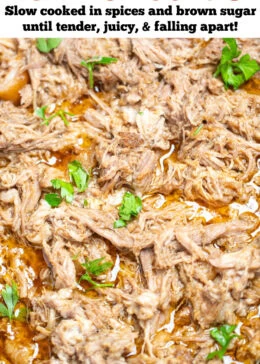 Pinterest pin with a slow cooker full of shredded pork shoulder in broth and drippings.