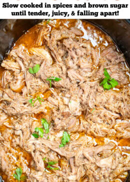 Pinterest pin with a slow cooker full of shredded pork shoulder in broth and drippings.