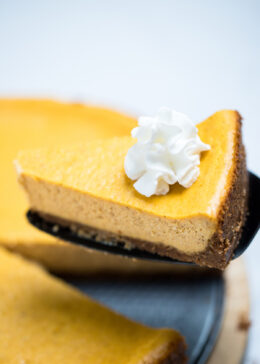 A piece of pumpkin cheesecake topped with whipped cream, being lifted up over the whole cheesecake.