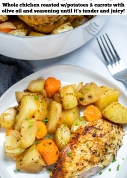 Pinterest pin with a roasted chicken breast and potatoes topped with chopped chives on a plate next to a fork, in front of a dutch oven whole chicken.