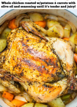 Pinterest pin with a dutch oven full of cooked carrots, celery, and potatoes with a roasted chicken on top, rubbed with olive oil, herbs, and spices before being served.