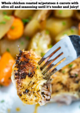 Pinterest pin with a fork lifting a piece of roasted chicken with caramelized skin and herbs above a plate with a chicken breast, potatoes, and carrots topped with chopped chives.