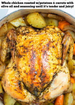 Pinterest pin with a dutch oven full of cooked carrots, celery, and potatoes with a roasted chicken on top, rubbed with olive oil, herbs, and spices before being served.