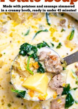 Pinterest pin with a dutch oven of sausage potato soup with a ladle lifting some soup out of the pot.