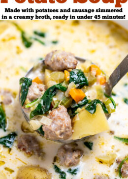 Pinterest pin with a dutch oven of sausage potato soup with a ladle lifting some soup out of the pot.