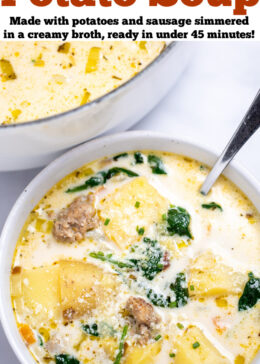 Pinterest pin with a bowl of sausage potato soup on a table with a spoon in the bowl, in front of a dutch oven of soup.