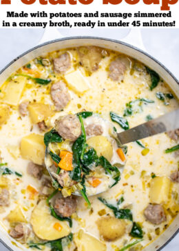 Pinterest pin with a dutch oven of sausage potato soup on a table, with a ladle lifting some soup out of the pot.