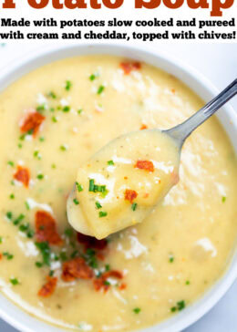 Pinterest pin with a bowl of slow cooker potato soup topped with chives and crispy bacon, with a spoon lifting up some soup.