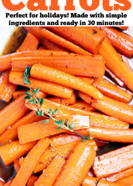 Pinterest pin with a closeup of maple glazed carrots with fresh thyme sprigs on top.