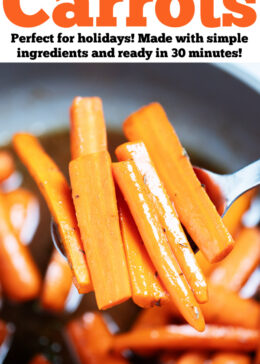 Pinterest pin with a spoon lifting up maple glazed carrots from a skillet.