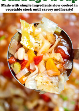 Pinterest pin with a ladle lifting up a serving of slow cooker cabbage soup from the crockpot.