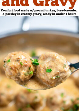 Pinterest pin with a spoon lifting meatballs out of a skillet topped with fresh parsley.