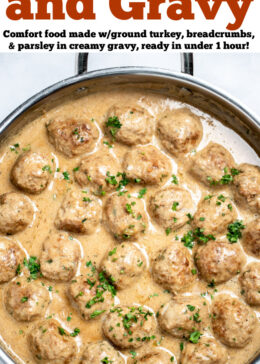 Pinterest pin with a large skillet full of meatballs in gravy topped with fresh parsley.