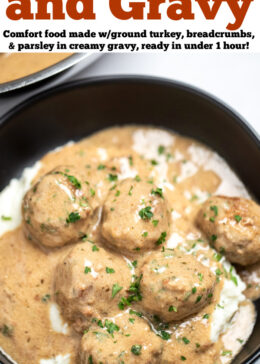 Pinterest pin with a bowl with meatballs in gravy topped with fresh parsley, on top of mashed potatoes, in front of a skillet.