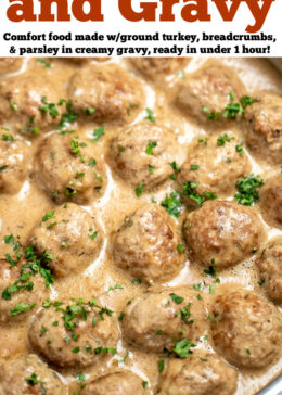 Pinterest pin with a large skillet full of meatballs in gravy topped with fresh parsley.