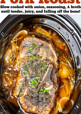 Pinterest pin with a fully cooked pork roast in a slow cooker with broth and onions, topped with fresh parsley.