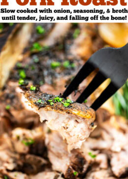 Pinterest pin with a fork holding up a piece of pork roast, with a slow cooker pork roast in the background on a cutting board.