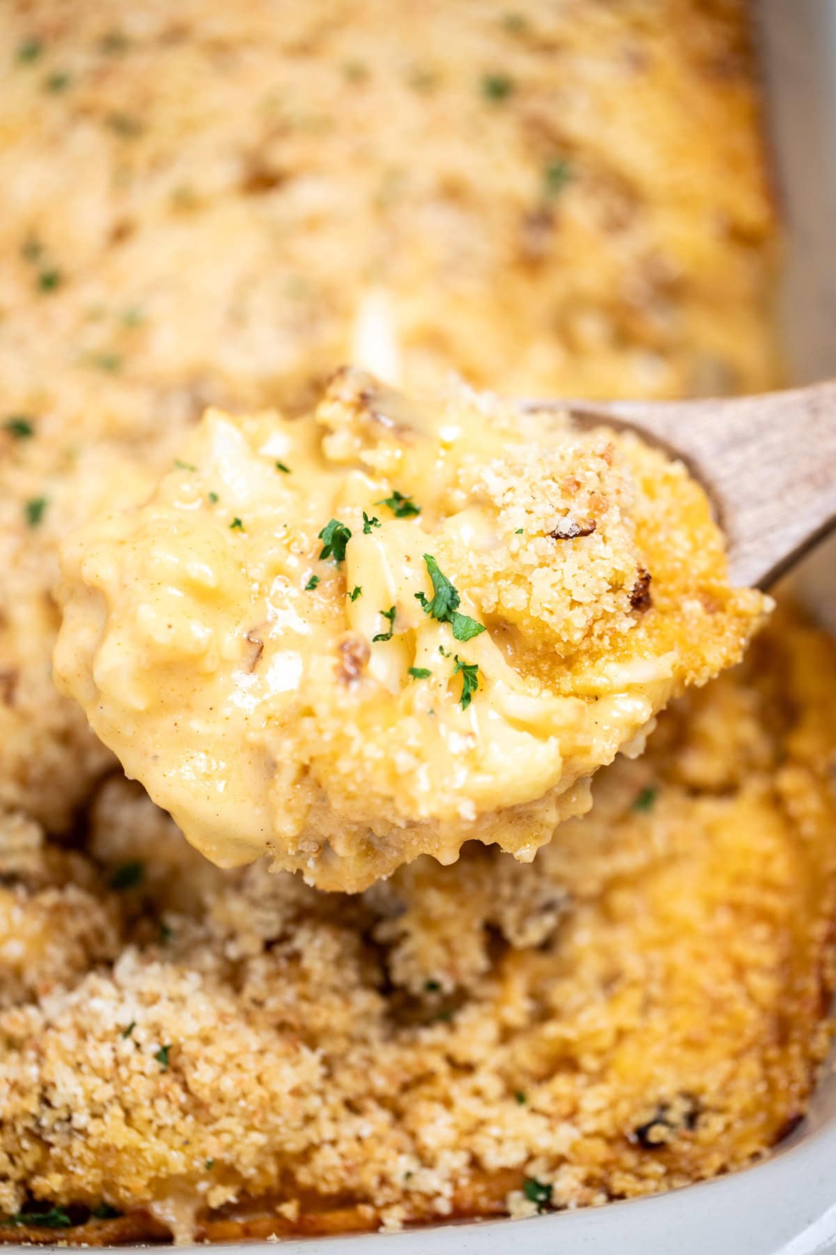 A wooden spoon lifting cauliflower mac and cheese from a baking dish topped with fresh chopped parsley.