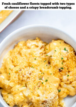 Pinterest pin with a bowl full of cauliflower mac and cheese on a table next to a baking dish.