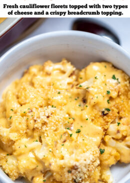 Pinterest pin with a bowl full of cauliflower mac and cheese on a table next to a baking dish.