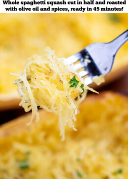 Pinterest pin with a fork with spaghetti squash noodles being held above two halves of cooked spaghetti squash, topped with fresh chopped parsley.